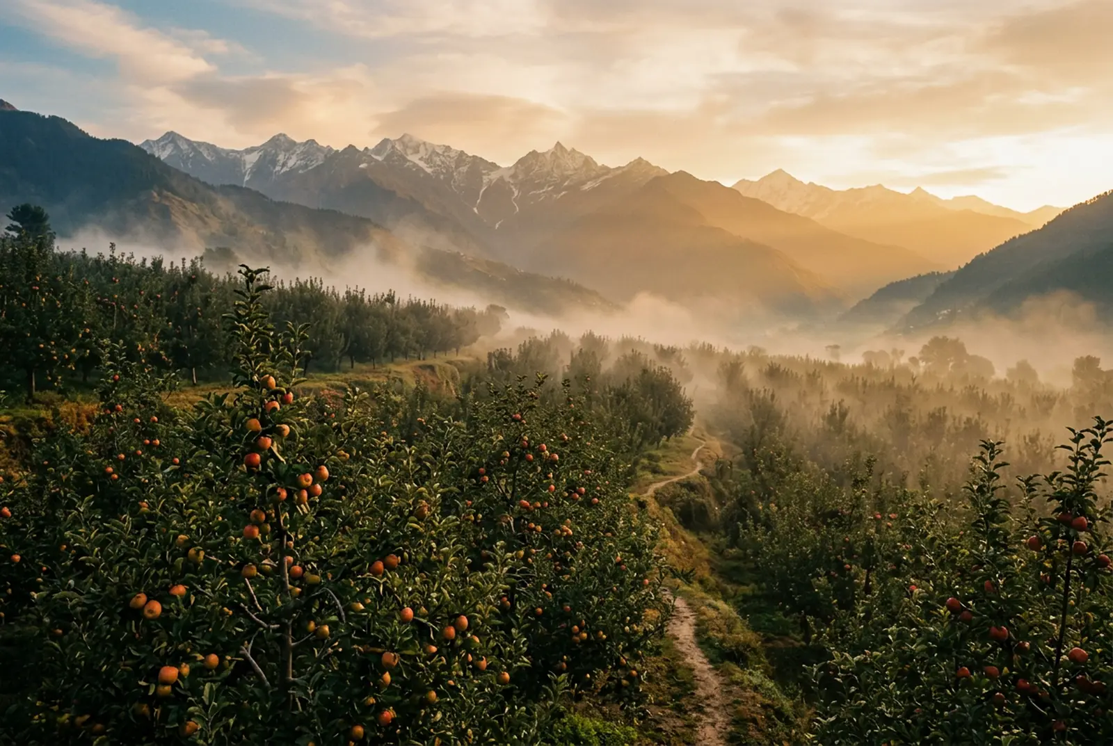 Golden hour orchard at sunrise with morning mist